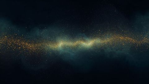 Luminous Golden Star Stream Crossing Teal Nebula Belt, Cosmic Dust and Glitter
