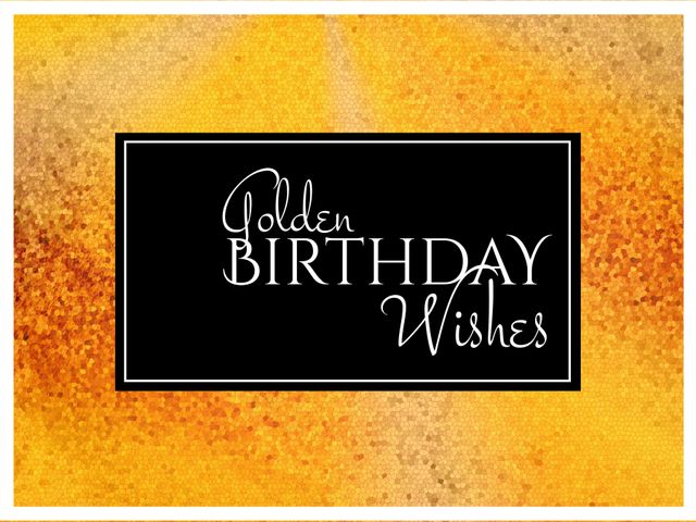 This design features a sophisticated black rectangle containing stylish 'Golden Birthday Wishes' text, surrounded by a sparkling gold background. Perfect as a birthday card for celebrating someone's special day with a touch of elegance and luxury. Ideal for creating personalized greeting cards, invitation templates, or festive event decorations.