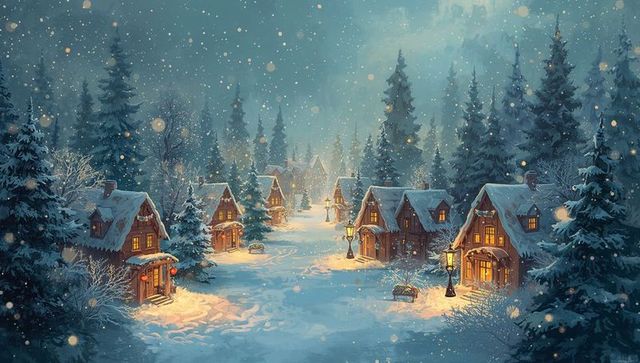 Twilight Winter Village with Glowing Timber Cottages and Lantern-Lit Snowy Pine Forest