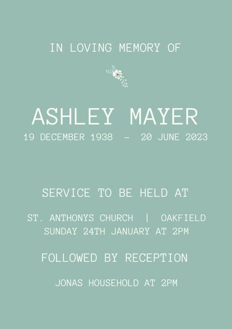 This serene memorial service invitation makes use of minimalist design elements and a pastel color palette to convey elegance and respect. Small floral detail adds a touch of warmth and personal connection. Suitable for printing or digital sharing, it can be customized with different names, dates, and locations for a personal touch. Ideal for use in memorial ceremonies, funeral invitations, and remembrance events.