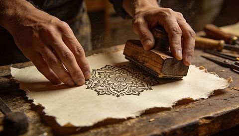 Craftsman pressing carved woodblock onto deckle paper creating intricate floral blockprint