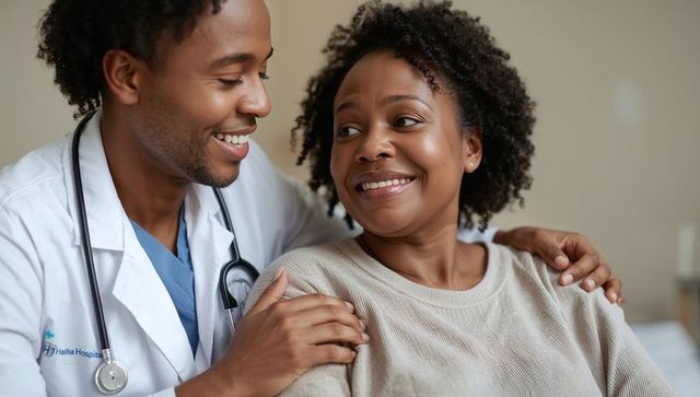 Smiling black male doctor comforting black female patient with hand on shoulder in clinic