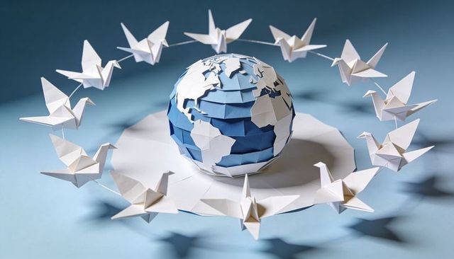 Paper globe surrounded by suspended origami cranes symbolizing peace, unity, sustainability