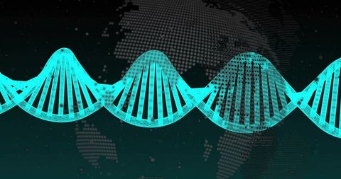 Turquoise DNA Helix Against Pixelated Digital World Map Backdrop