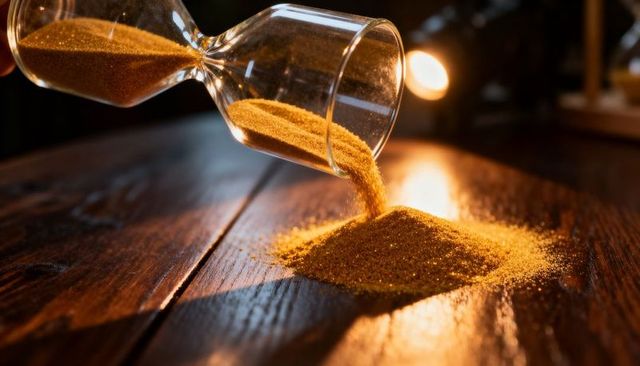 Pouring Golden Sand from Hourglass onto Wooden Table with Warm Backlight and Bokeh