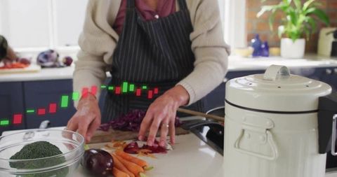 Mature woman preparing vegetables with stock market candlestick overlay