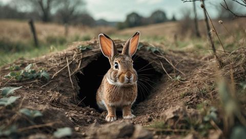 Cottontail rabbit emerging from burrow entrance in peaceful meadow
