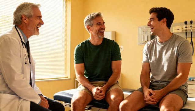 Laughing physician with father and adult son during warm casual clinic consultation