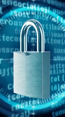 Rotating Padlock Animating Over Scrolling Code for Cybersecurity and Data Protection