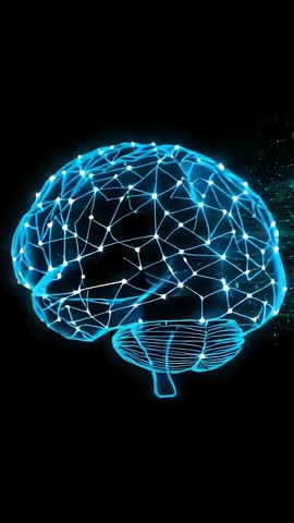 Vertical neon brain network rotating to midline with pulsing nodes and cyan wireframe glow