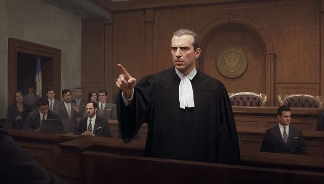 Advocate pointing in courtroom during dramatic trial with judge bench and seal