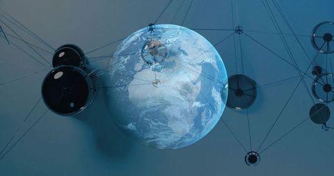 Floating 3d earth globe orbiting tension cable network in futuristic teal installation