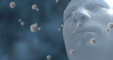 3D Face Surrounded by Floating COVID-19 Viral Cells