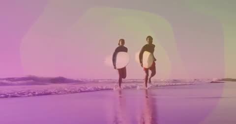 Surfers with Technology Overlay on Vibrant Beach