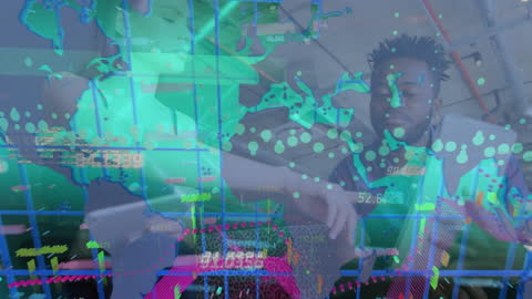 Digital Data Overlay on Diverse Team Collaborating in Modern Office