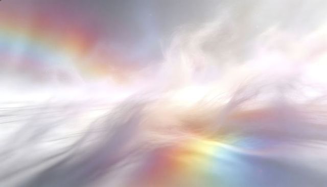 Pastel prism horizon drifting clouds ethereal mist with rainbow glare soft center light