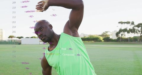 Mature man stretching in neon green sleeveless top on field with html code double exposure
