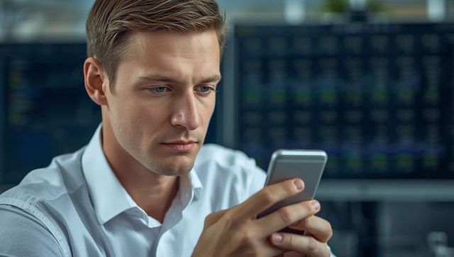 Trader checking smartphone with trading monitors in background