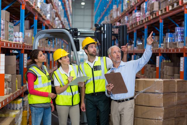 Warehouse manager discussing logistics with team members in a large storage facility. Workers wearing safety vests and hard hats, holding clipboards and taking notes. Forklift and shelves filled with boxes in the background. Ideal for use in articles about warehouse management, logistics, teamwork, industrial operations, and supply chain management.