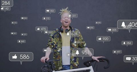 Smiling man with headphones holding bicycle surrounded by floating notification icons