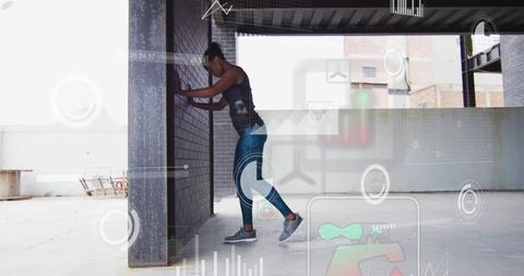 Woman performing calf stretch near brick column with ar overlays