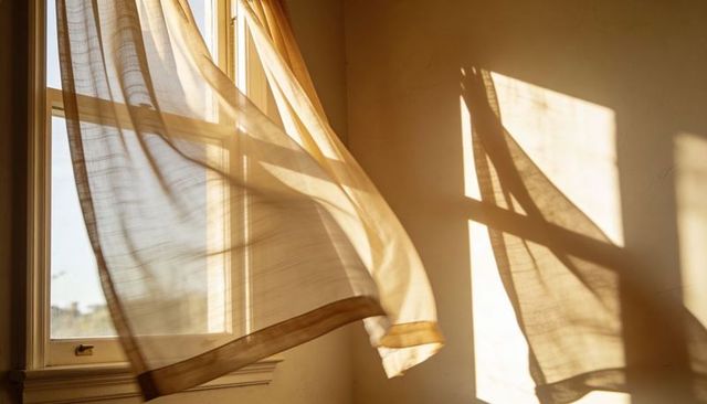 Billowing sheer curtains casting warm window-frame shadows in sunlit cozy interior