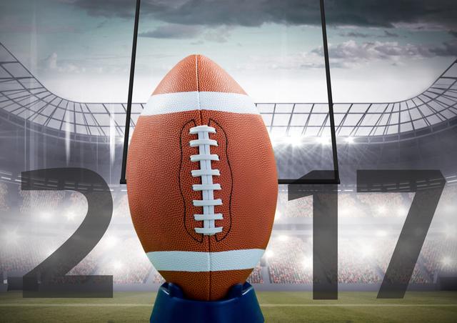 Digital composite image of rugby ball forming 2017 against stadium