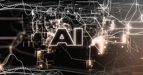 Glowing ai typography over futuristic amber holographic circuitry and particle network