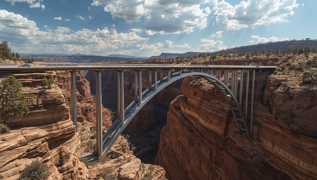 Spanning Steel Arch Bridge Crossing Red-Rock Canyon on Sunlit High Plateau Roadway