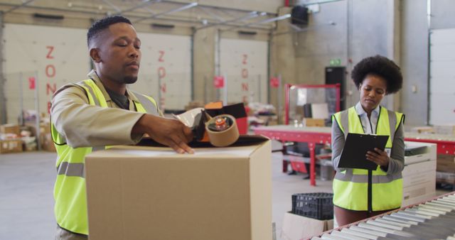 African american male and female workers wearing safety suits and packing boxes in warehouse. global business, shipping and delivery.