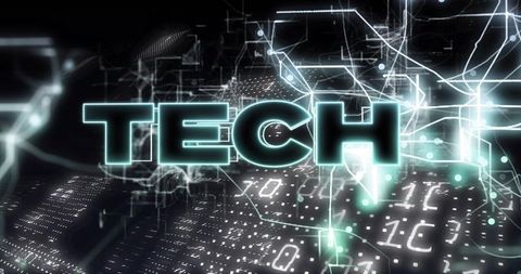 Glowing neon tech logo casting cyan light over holographic binary grid and wireframe cubes