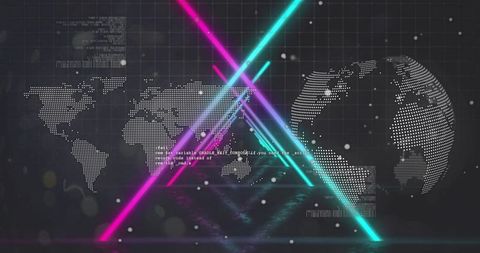 Neon Crossed Laser Beams Over Digital World Map and Globe with Holographic Code Overlay