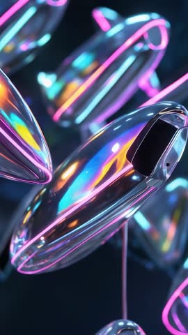 Vertical 3D Panning Video of Chrome Teardrop Sculptures Reflecting Neon Lights, Futuristic