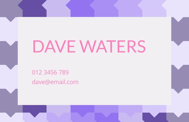 This image showcases a minimalist business card template featuring a stylish purple geometric pattern in the background. The card contains placeholders for a name, phone number, and email address, set against a clean, white central area for easy readability. Ideal for professionals looking to create a modern yet simple design for their business card. Perfect for use in branding, marketing, and professional networking.