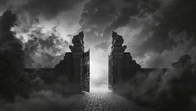 Ornate Gothic Gateway with Gargoyles Amidst Mystical Fog