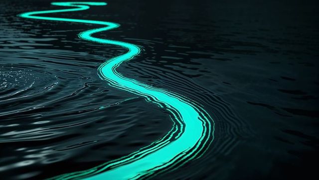 Neon turquoise streak reflecting on dark rippling water surface