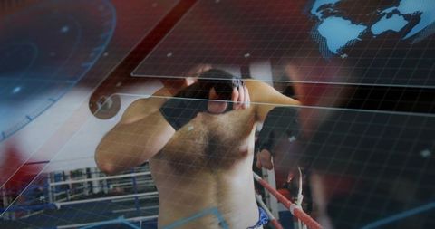 Guarding Boxer Raising Gloves in Ring with Futuristic Digital HUD and World Map Overlay