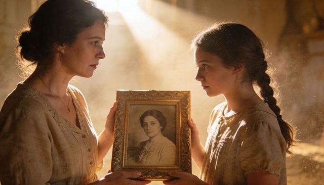 Mother and daughter holding antique portrait, examining heirloom in sunlit dusty room