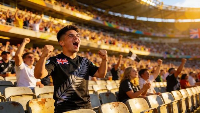 Teen fan cheering in stadium wearing black jersey with silver fern patch at golden hour
