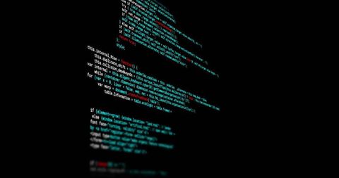 Vertical glowing code lines tilting on dark screen neon cyan and red cyberpunk terminal