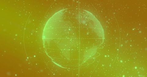 Glowing holographic rotating wireframe globe with data particles and orbit rings