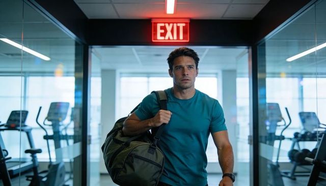 Male athlete walking out of gym carrying duffel bag under red exit sign