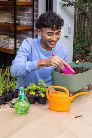 Smiling man gardening in backyard with seedlings and tools