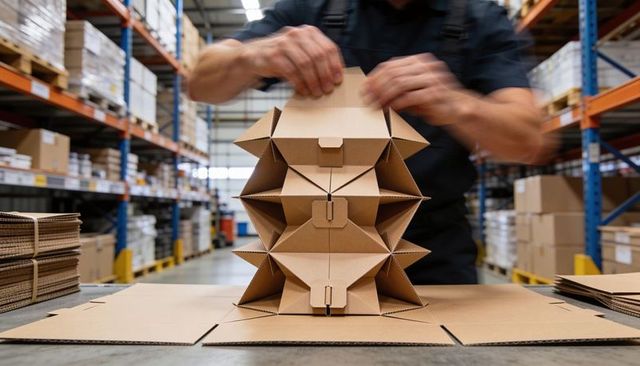 Warehouse Worker Assembling Corrugated Cardboard Divider on Packing Table for Logistics
