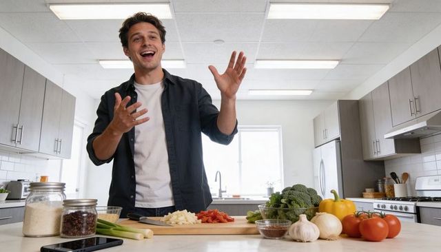 Man presenting cooking tutorial in modern kitchen with fresh vegetables on island