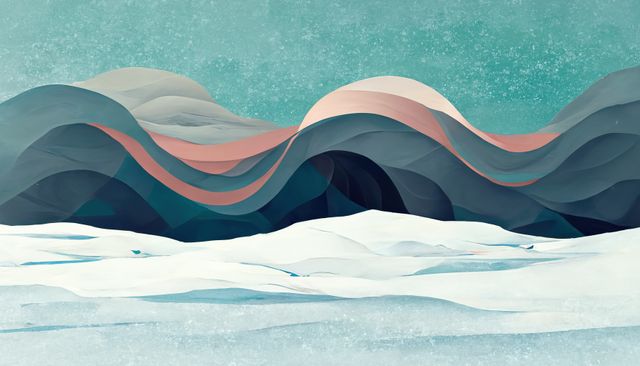 Abstract representation of a landscape featuring layered mountains with pastel colors and soft textures, evoking a wintery and serene feel. Ideal for use in contemporary art collections, modern interior decor, graphic design inspiration, or website backgrounds to convey a sense of calm and creativity.
