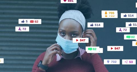 Young Woman with Mask Amidst Social Media Interactions