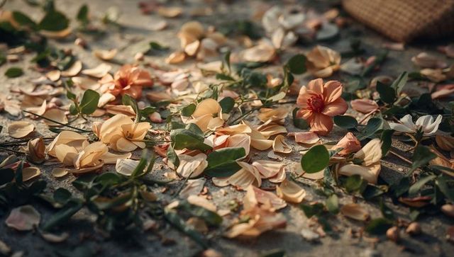 Sunlit fallen peach and orange garden blossoms scattering on stone patio at golden hour