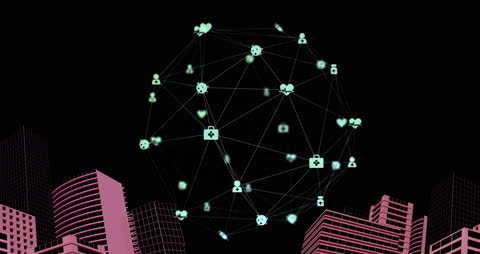 Futuristic Network Technology Display Over Cityscape