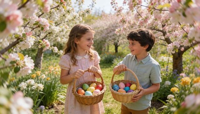 Kids carrying colorful easter baskets through sunlit blossom orchard celebrating spring
